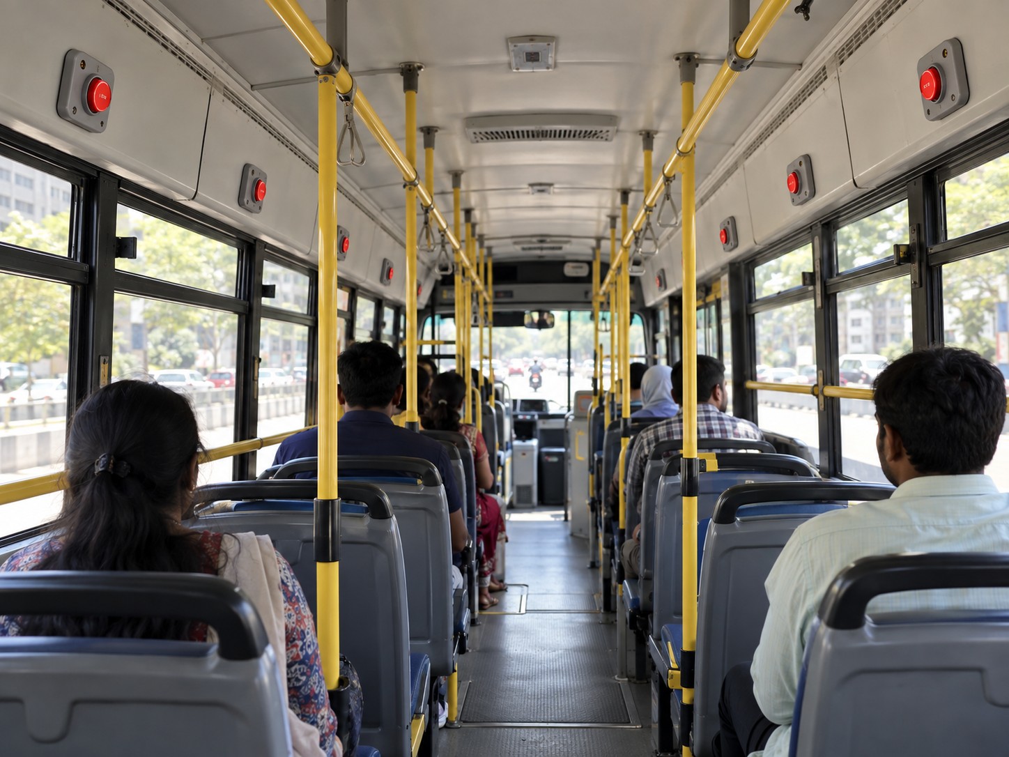 City bus aisle with red panic buttons mounted above the windows on both sides of the passenger cabin
