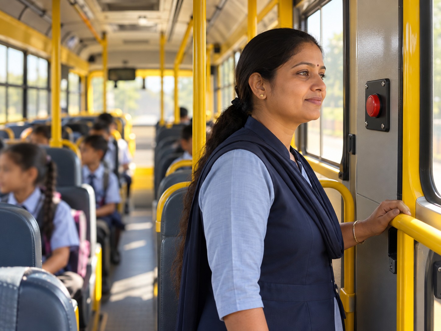 School bus attendant standing beside a red panic button near the door, students seated behind her