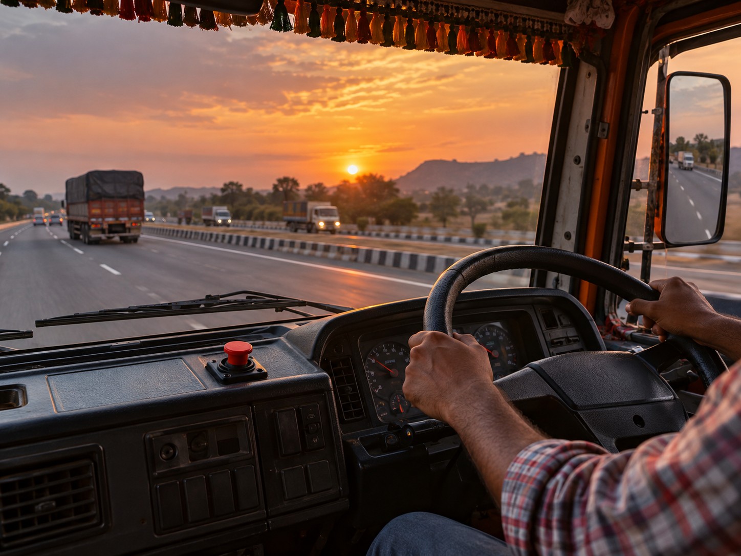 Red panic button on a truck dashboard within the driver's reach, highway at sunset ahead