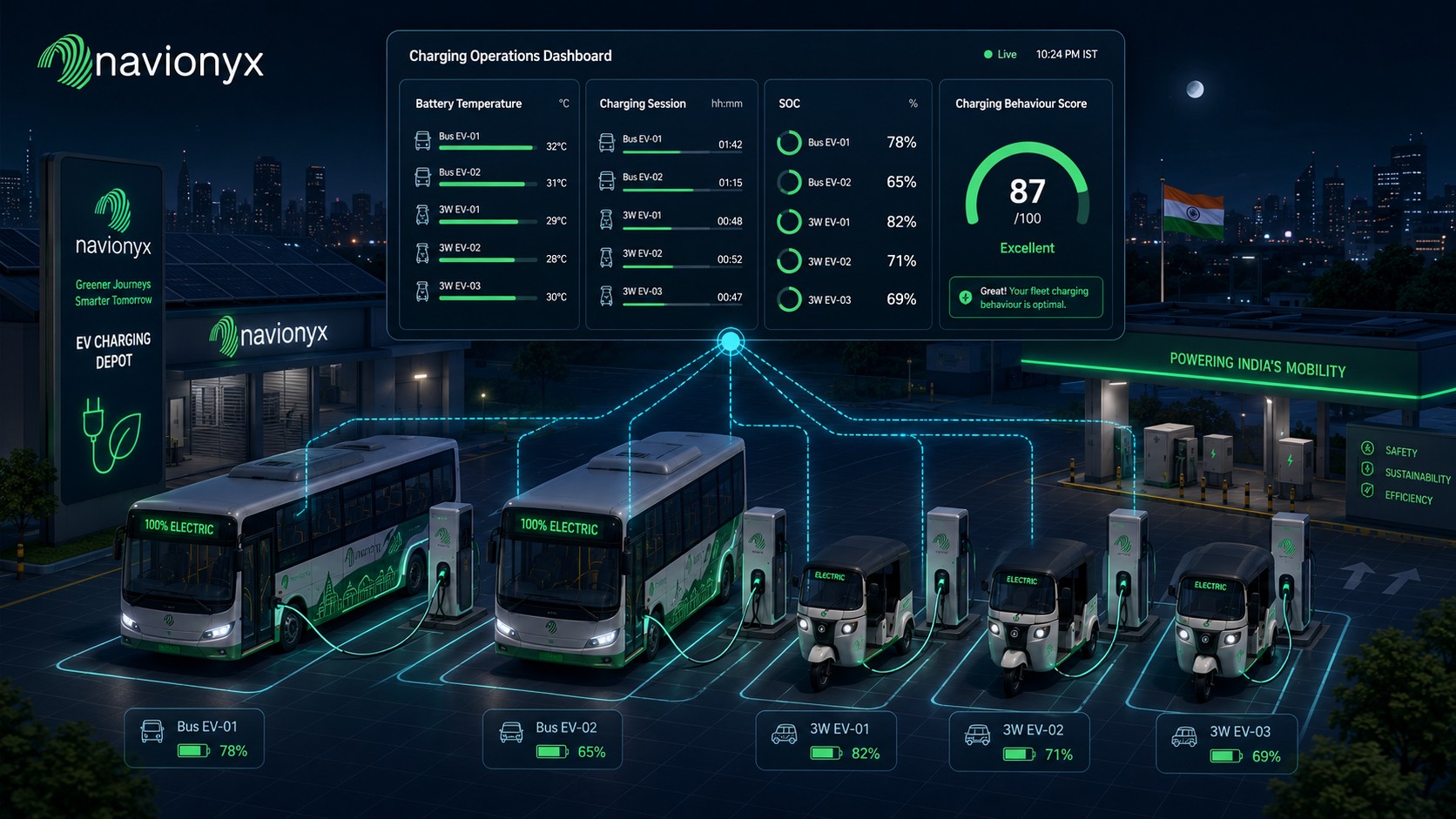EV charging analytics dashboard showing charging session history, battery temperature monitoring, and charging behaviour scores across an electric vehicle fleet in India