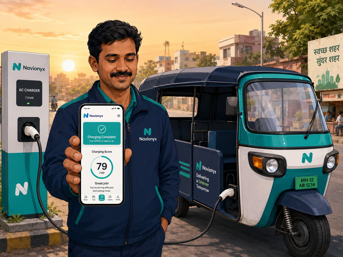 EV delivery driver viewing charging complete notification and charging behaviour score on Navionyx app at a charging station