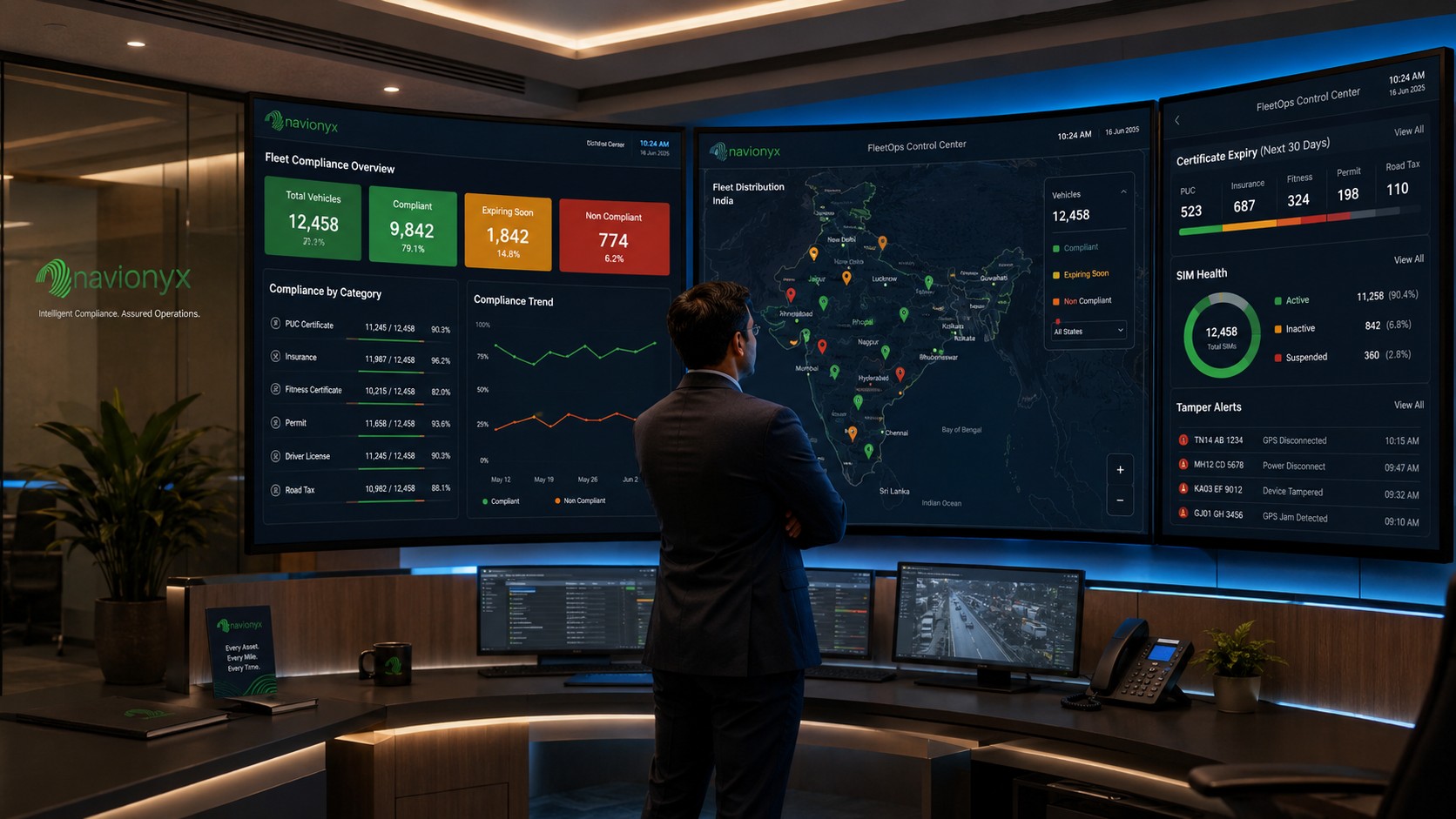 Fleet compliance dashboard control room with AIS 140 audit monitoring