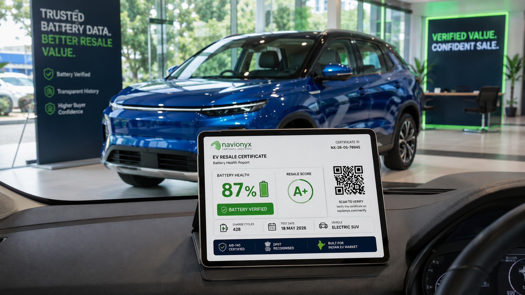 EV battery certification dealership buyer scanning QR proof on a used electric vehicle certificate