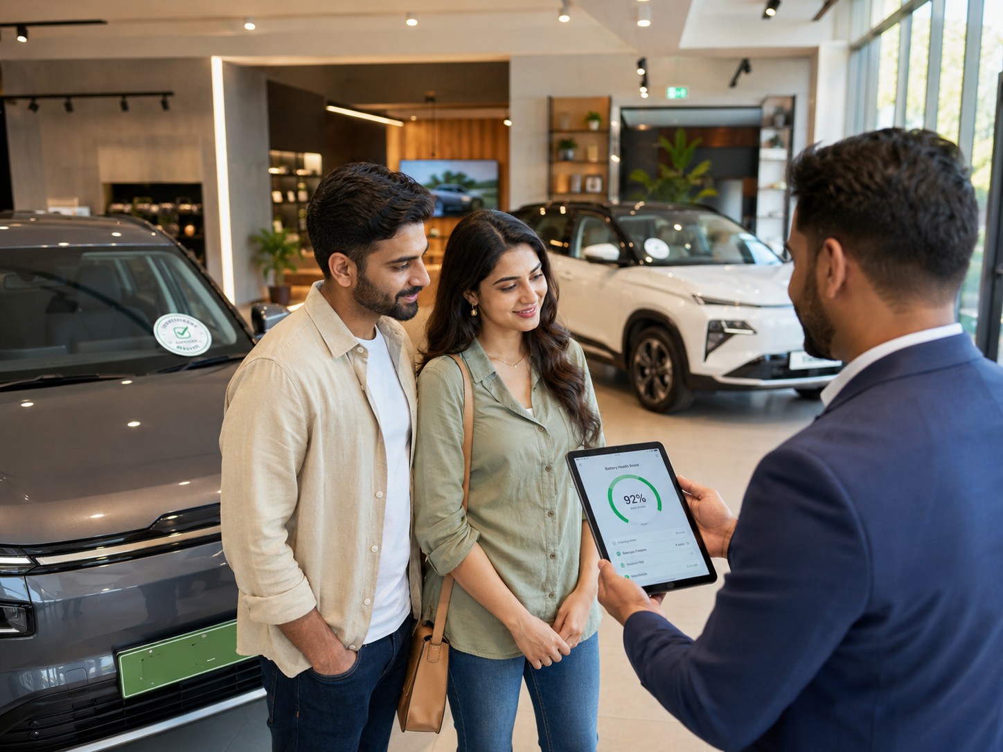 EV battery certification dealership demo with buyer-facing battery health presentation in a used EV showroom