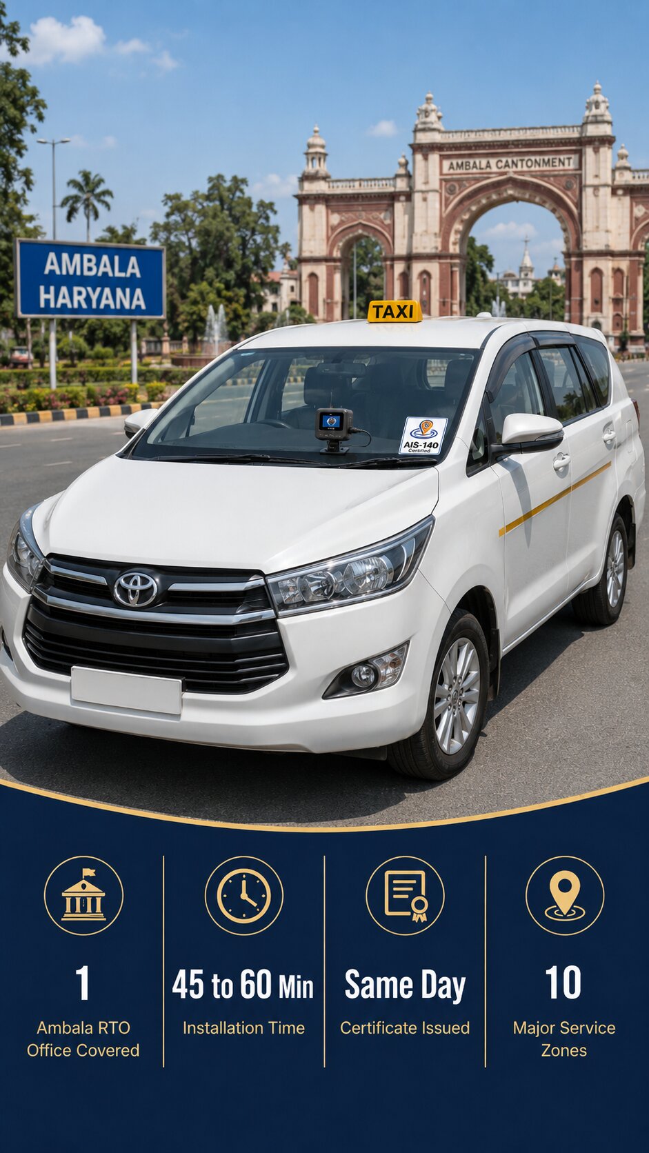 Commercial taxi on a highway in Ambala with a GPS device visible through the windshield, representing AIS-140 VLTD installation for intercity and tourist taxi operators.