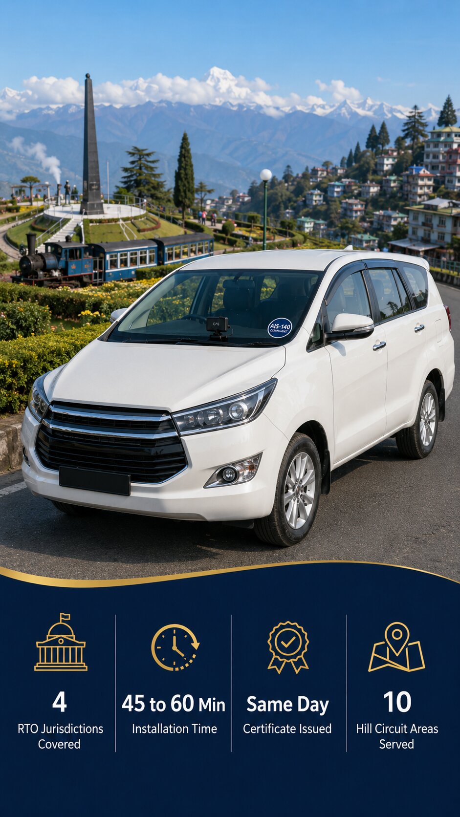 Photorealistic street-level photograph of a white Toyota Innova or Bolero tourist cab on a winding North Bengal hill road with misty mountains, tea garden bushes, and a visible dashboard-mounted GPS device.