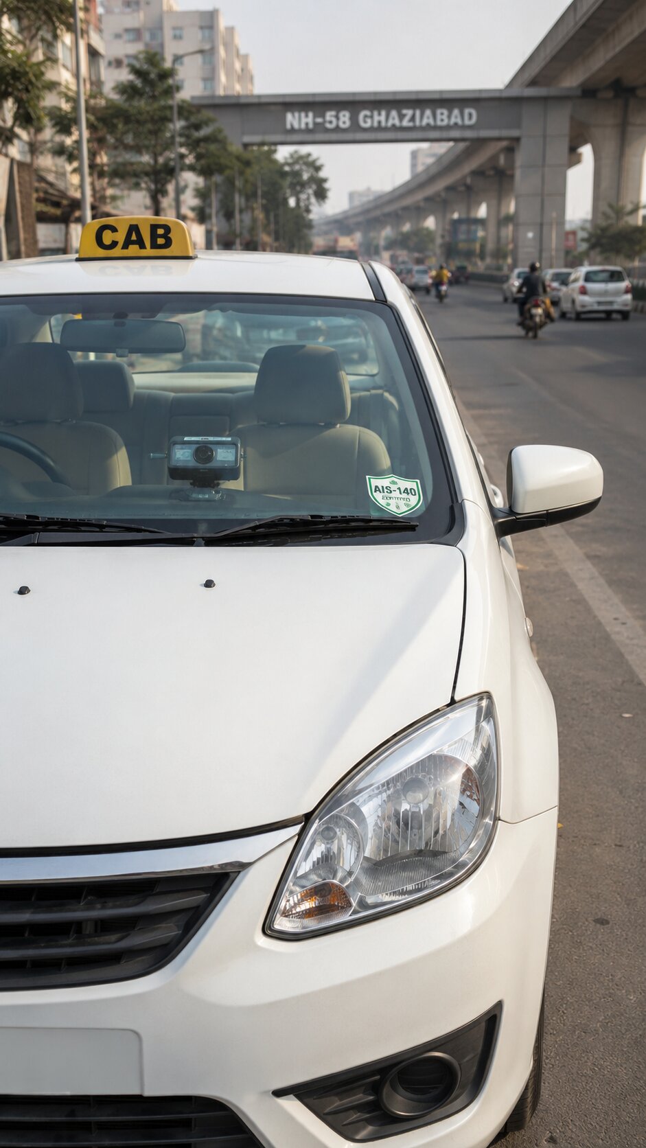 Photorealistic street-level photograph of a white sedan cab on a wide Ghaziabad road with the softly blurred outline of a busy NH-58 highway overpass or a residential township gateway visible in the background. GPS device mounted on the dashboard visible through the windshield. AIS-140 sticker on the lower right corner of the windshield. Clean daylight, busy urban NCR atmosphere. No logos, no brand text, no license plates.