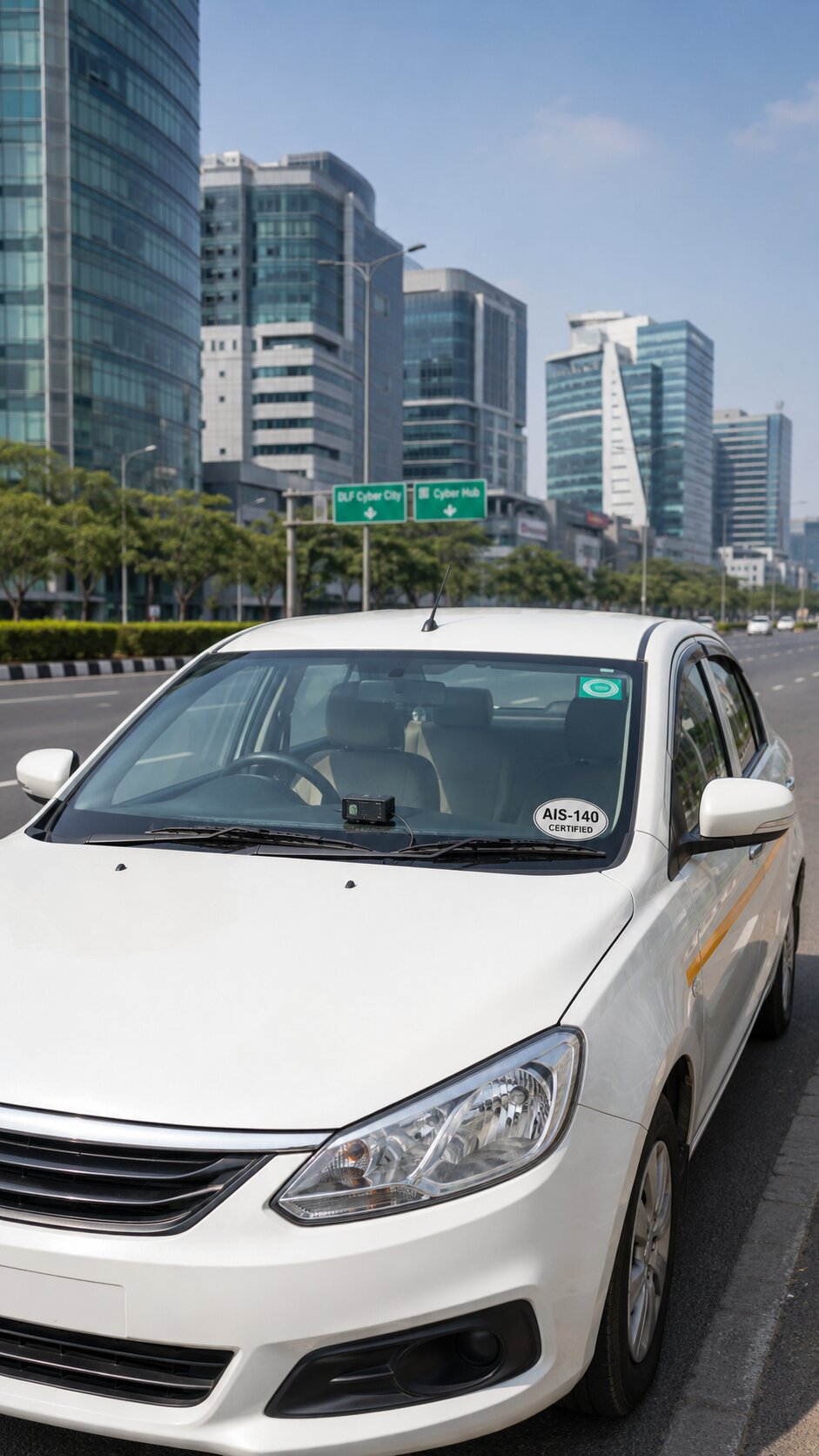 Photorealistic street-level photograph of a white sedan cab on a wide Gurugram expressway with the softly blurred glass facades of Cyber City or DLF Cyber Hub towers visible in the background. GPS device mounted on the dashboard visible through the windshield. AIS-140 sticker on the lower right corner of the windshield. Clean daylight, bright corporate district atmosphere. No logos, no brand text, no license plates.