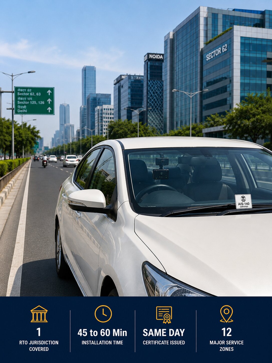 Photorealistic street-level photograph of a white sedan cab on a wide, well-maintained Noida expressway or sector road with glass office towers and a softly blurred modern urban skyline in the background. GPS device mounted on the dashboard visible through the windshield. AIS-140 sticker on the lower right corner of the windshield. Clean daylight, bright neutral light. No logos, no brand text, no license plates.