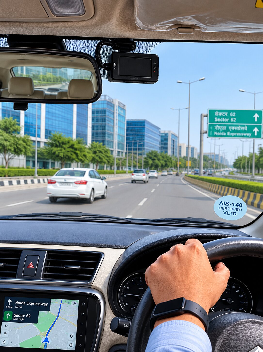 Photorealistic street-level photograph of a white sedan cab on a wide Noida expressway with the softly blurred glass facades of an IT park or tech campus visible in the background. GPS device mounted on the dashboard visible through the windshield. AIS-140 sticker on the lower right corner of the windshield. Clean daylight, modern tech corridor atmosphere. No logos, no brand text, no license plates.