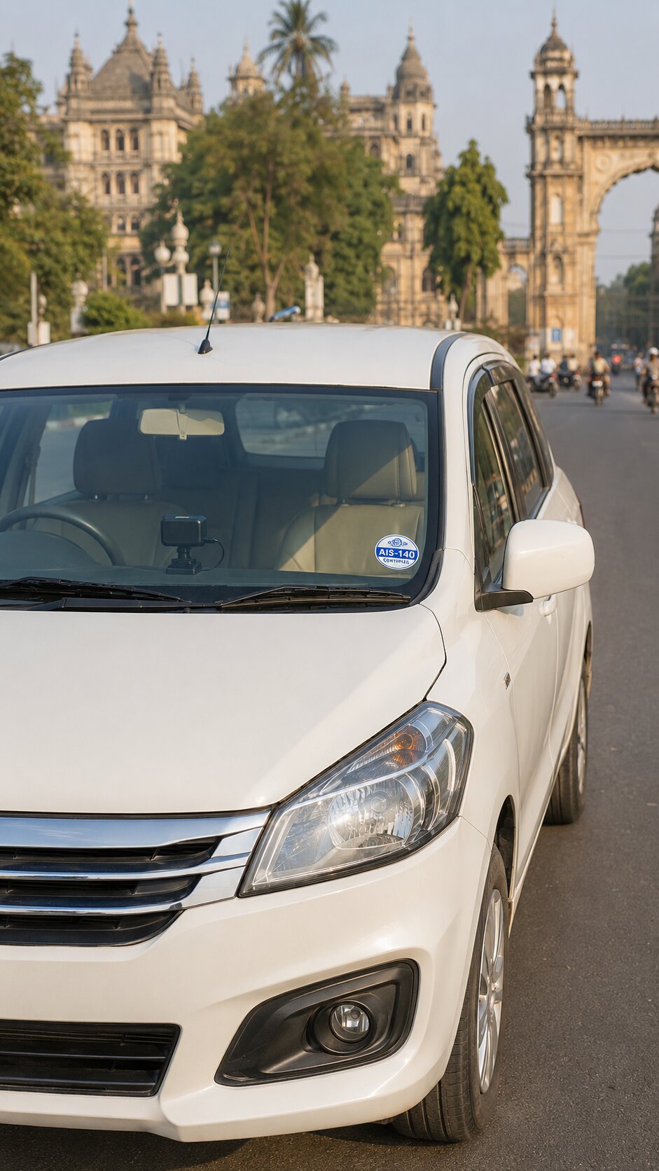 White Maruti Ertiga or Toyota Innova cab on a wide Vadodara road with the softly blurred outline of Sayaji Baug park gates or the Lakshmi Vilas Palace entrance visible in the background, GPS device mounted on the dashboard visible through the windshield.