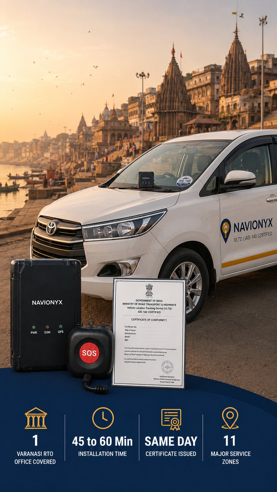 Photorealistic street-level photograph of a white Toyota Innova tourist cab parked on a wide Varanasi road with the softly blurred silhouette of a ghat stairway or temple spire visible in the background. GPS device mounted on the dashboard visible through the windshield. AIS-140 sticker on the lower right corner of the windshield. Clean daylight, warm golden morning light. No logos, no brand text, no license plates.